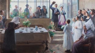 peinture représentant une scène de mariage, un jeune couple entre dans la salle à manger où les convives attendent. En arrière plan, on peut voir les musiciens à travers une grande vitre.