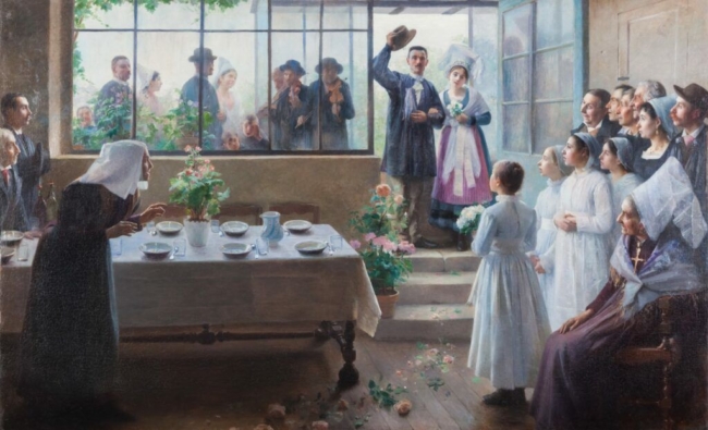 noces poitevines peinture représentant une scène de mariage, un jeune couple entre dans la salle à manger où les convives attendent. En arrière plan, on peut voir les musiciens à travers une grande vitre.