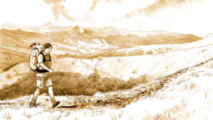Dessin en sépia de la couverture de Le Droit du sol de Davodeau, où l'on voit un randonneur marcher dans un paysage de moyenne montagne
