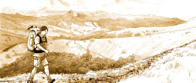 Dessin en sépia de la couverture de Le Droit du sol de Davodeau, où l'on voit un randonneur marcher dans un paysage de moyenne montagne