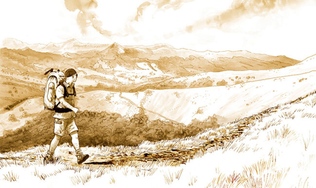 Dessin en sépia de la couverture de Le Droit du sol de Davodeau, où l'on voit un randonneur marcher dans un paysage de moyenne montagne