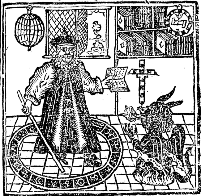 Dessin en noir et blanc où l'on voit à gauche le Docteur Faust dans un cercle magique et, à droite de lui, un dragon crachant des flammes