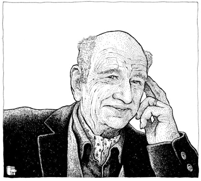Portrait dessiné, en noir et blanc, d'Edgar Morin