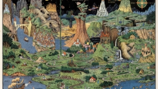 The Land of make believe, carte fictive montrant une quarantaine de contes et comptines.