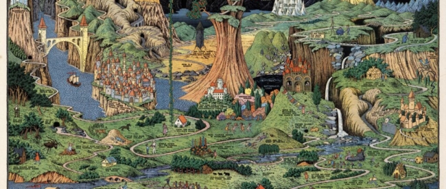 The Land of make believe, carte fictive montrant une quarantaine de contes et comptines.