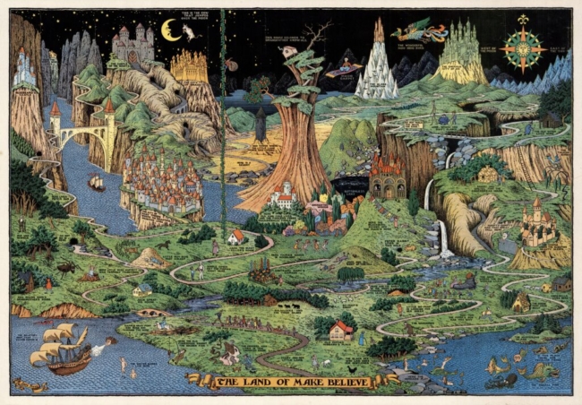 The Land of make believe, carte fictive montrant une quarantaine de contes et comptines.